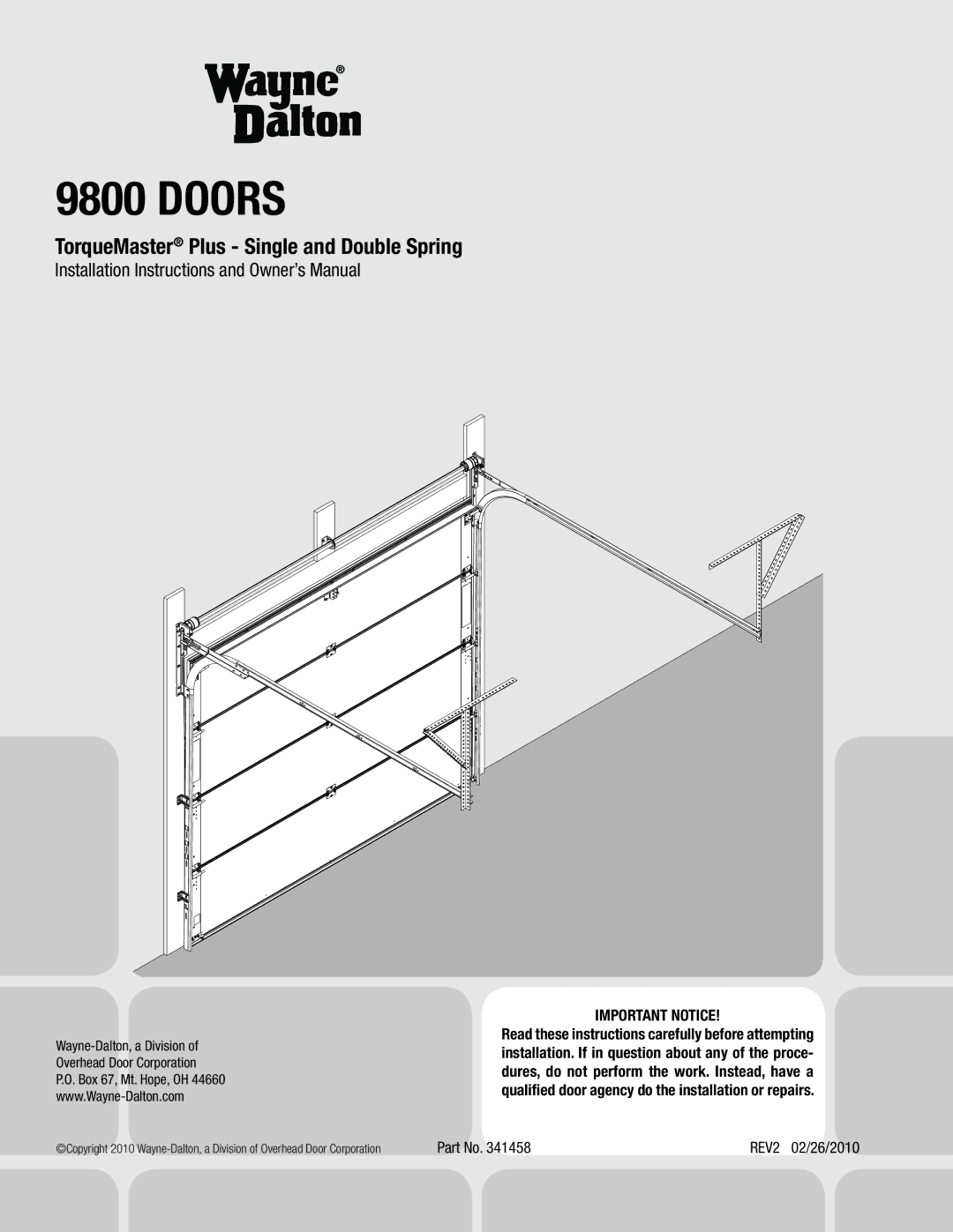 Wayne-Dalton 341458 installation instructions Doors, Important Notice 