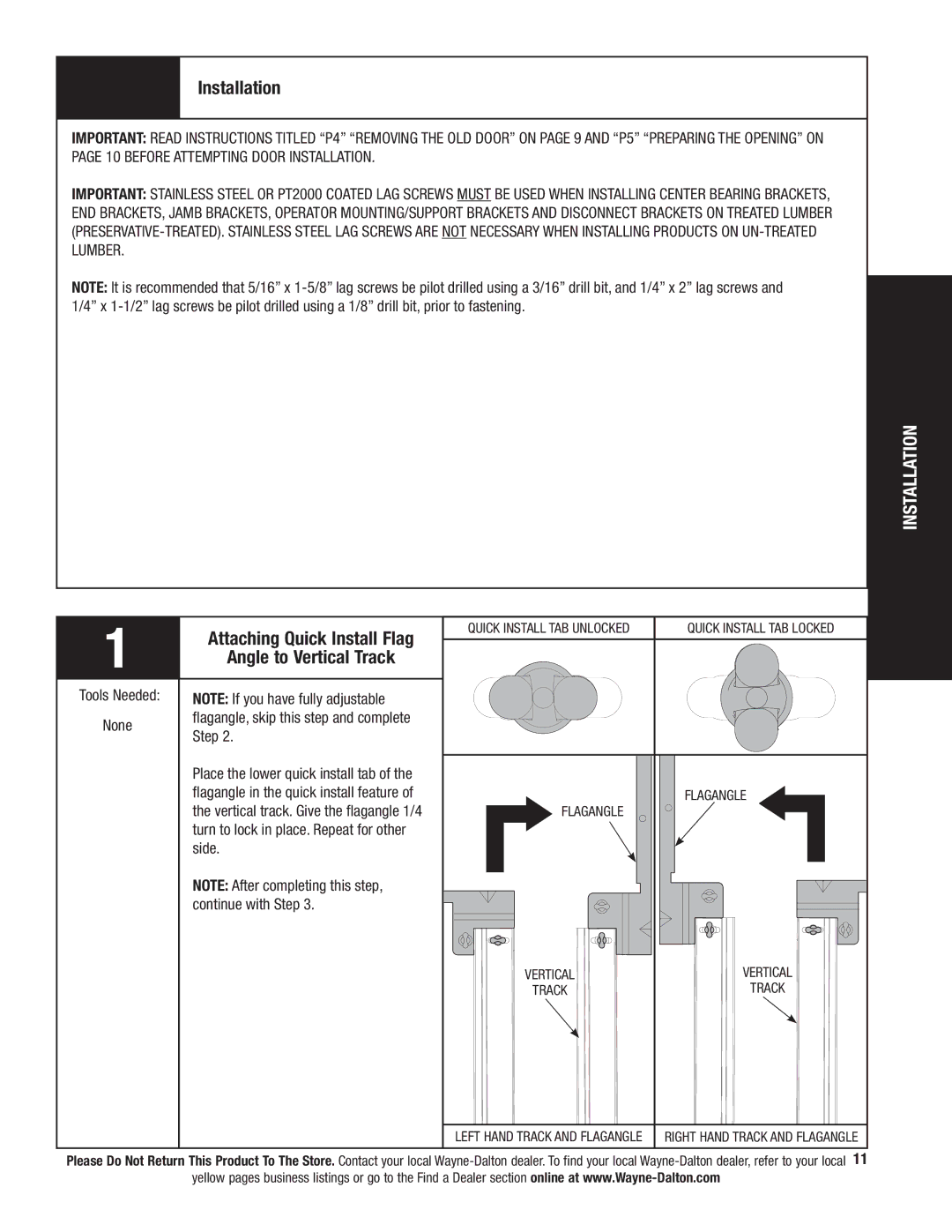 Wayne-Dalton 341458 Installation, Attaching Quick Install Flag Angle to Vertical Track, Tools Needed None, Flagangle 