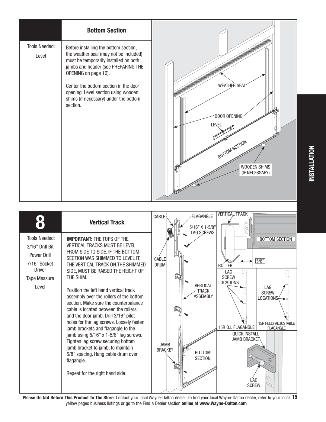 Wayne-Dalton 341458 installation instructions Bottom Section, Vertical Track 