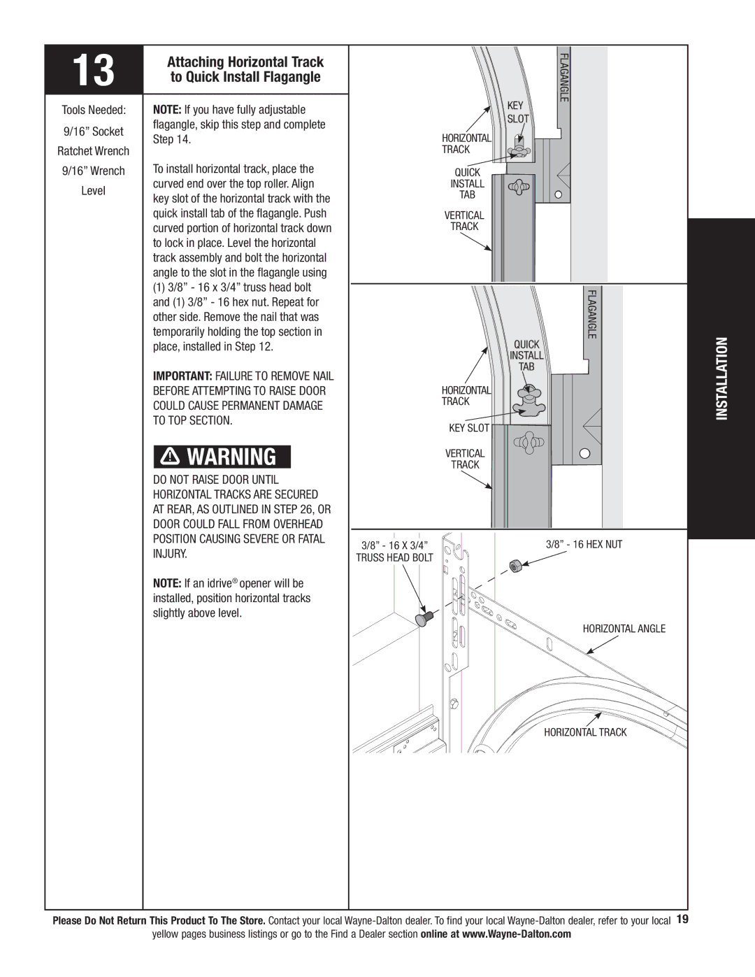 Wayne-Dalton 341458 Attaching Horizontal Track, To Quick Install Flagangle, Do not Raise Door Until, Injury 