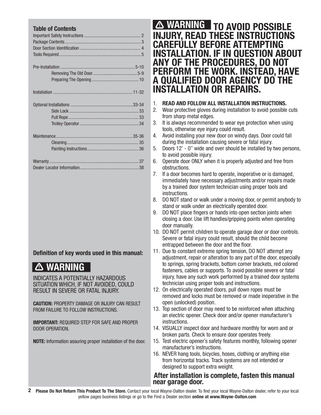 Wayne-Dalton 341458 installation instructions Table of Contents 