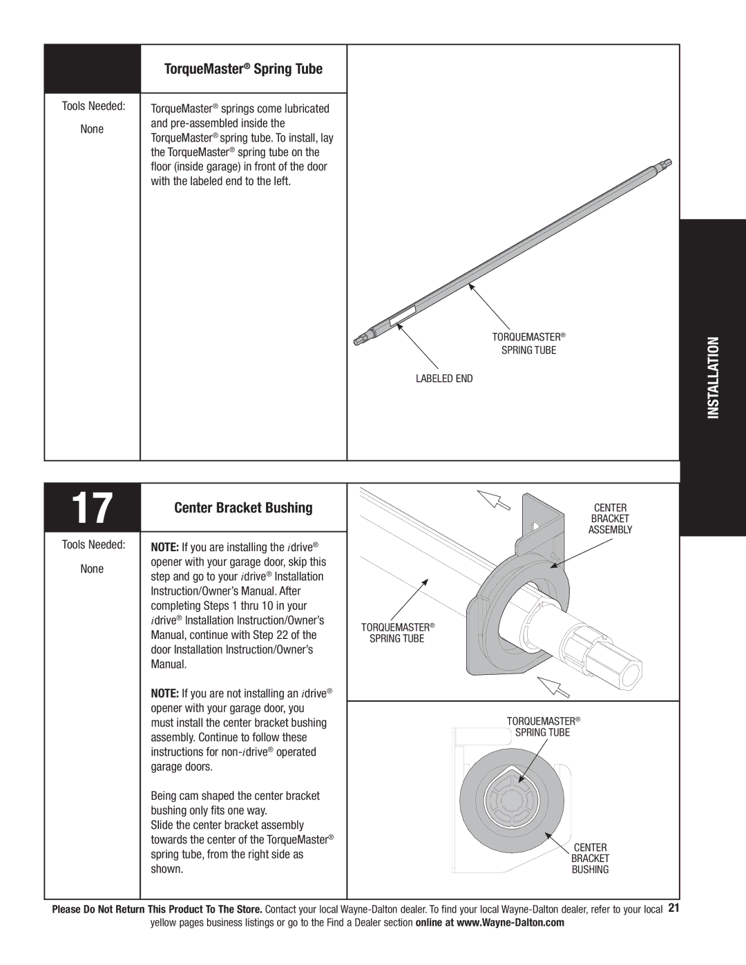 Wayne-Dalton 341458 installation instructions TorqueMaster Spring Tube, Center Bracket Bushing 