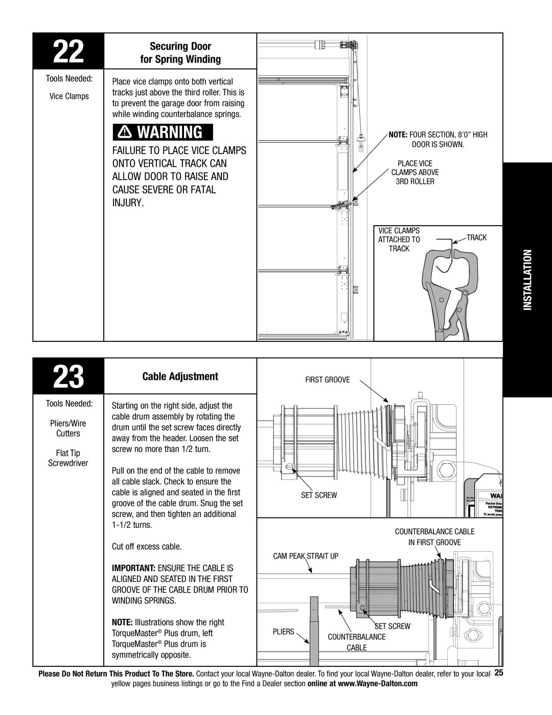 Wayne-Dalton 341458 installation instructions Securing Door For Spring Winding, Cable Adjustment 