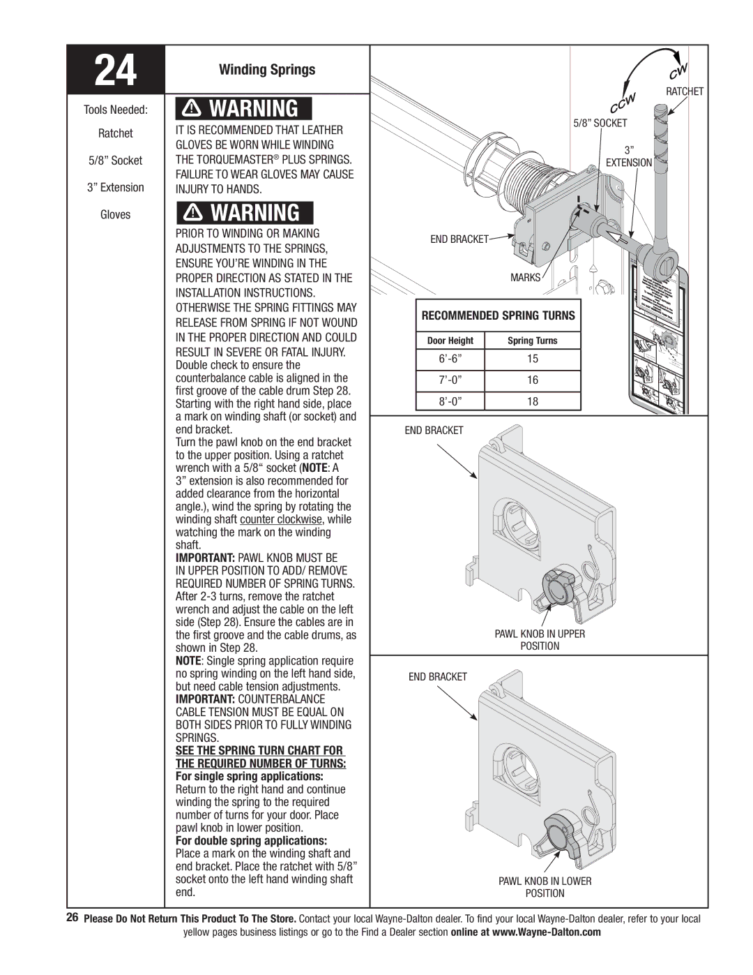 Wayne-Dalton 341458 installation instructions Winding Springs, Recommended Spring Turns 