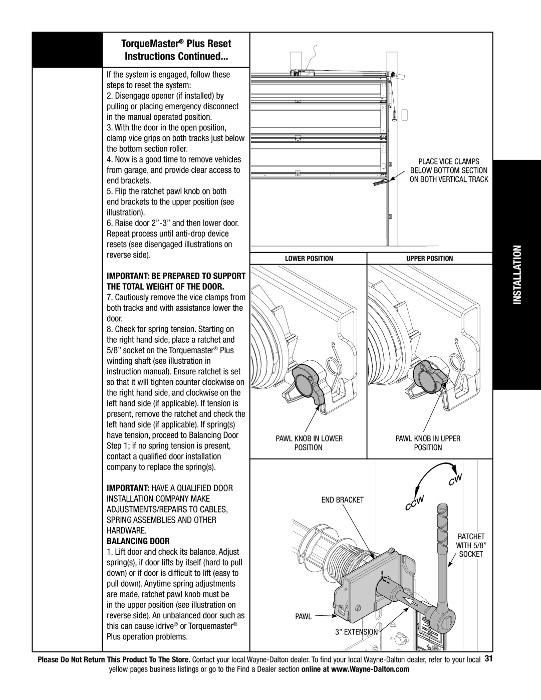 Wayne-Dalton 341458 installation instructions Steps to reset the system, Balancing Door, Pawl 