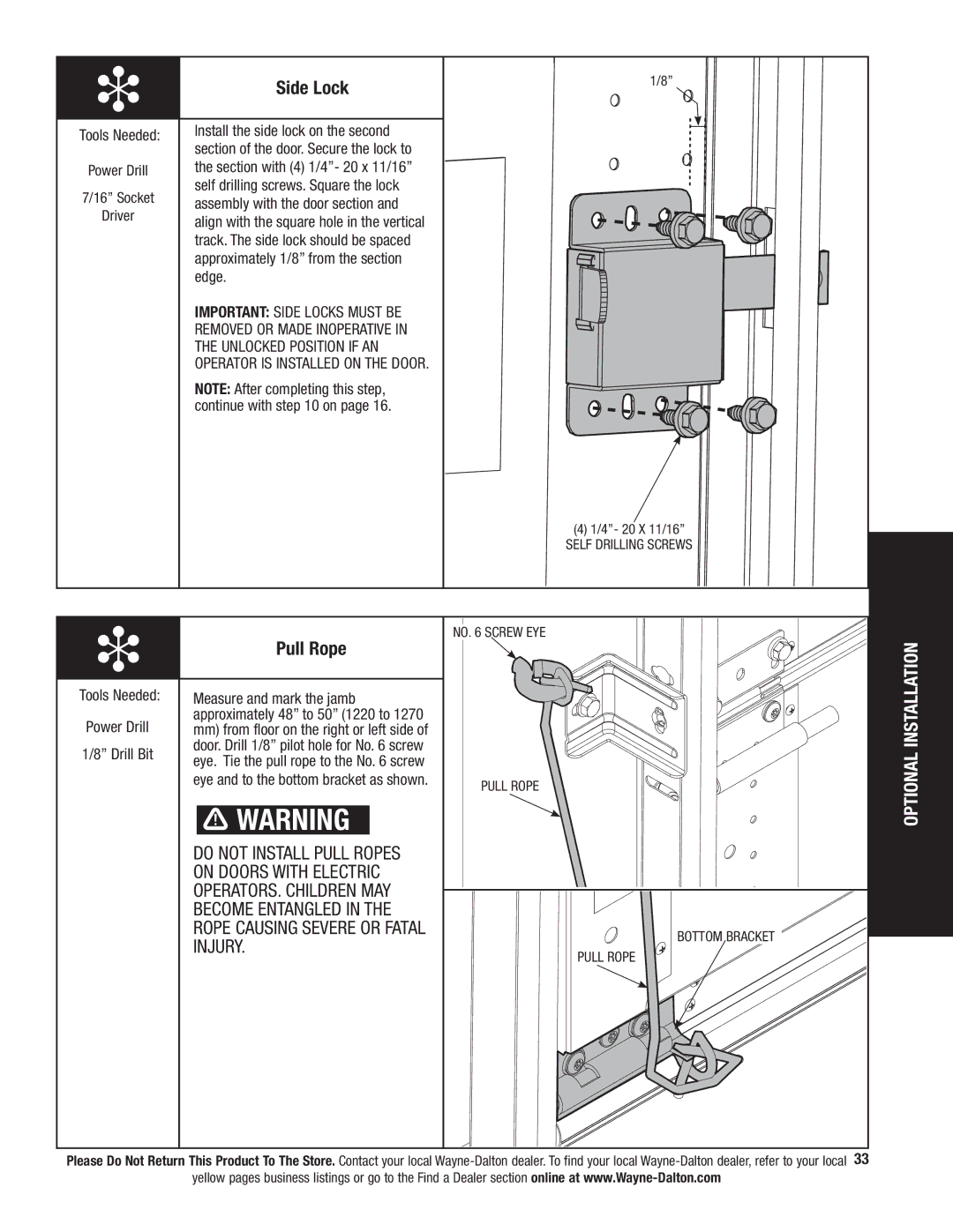 Wayne-Dalton 341458 installation instructions Side Lock, Tools Needed Power Drill Drill Bit, Pull Rope Bottom Bracket 