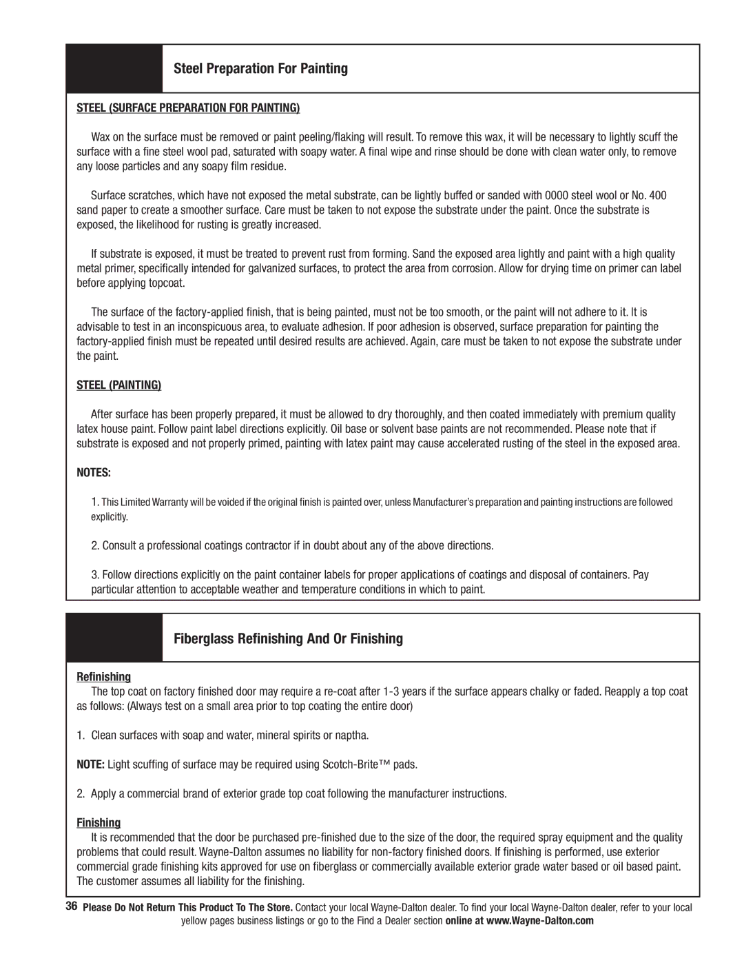 Wayne-Dalton 341458 installation instructions Steel Preparation For Painting, Fiberglass Refinishing And Or Finishing 