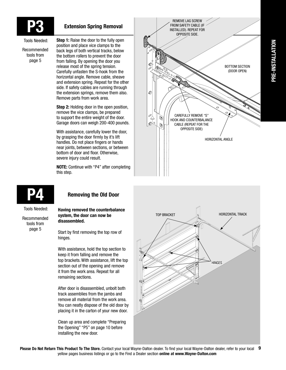 Wayne-Dalton 341458 installation instructions Extension Spring Removal, Removing the Old Door 