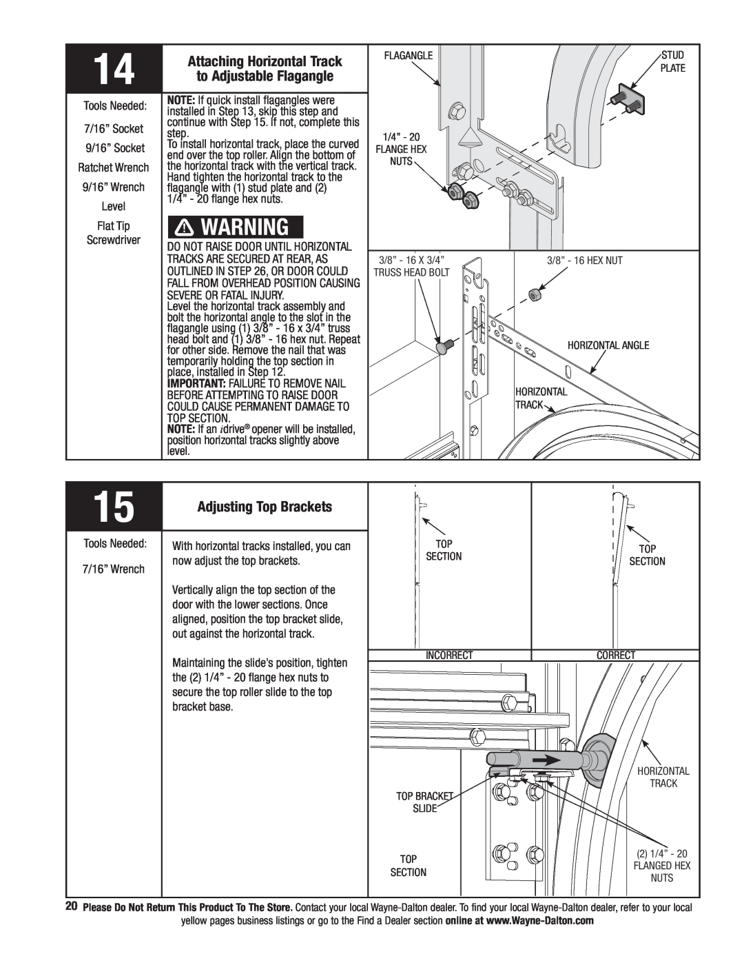 Wayne-Dalton 341458 installation instructions to Adjustable Flagangle, Attaching Horizontal Track, Adjusting Top Brackets 