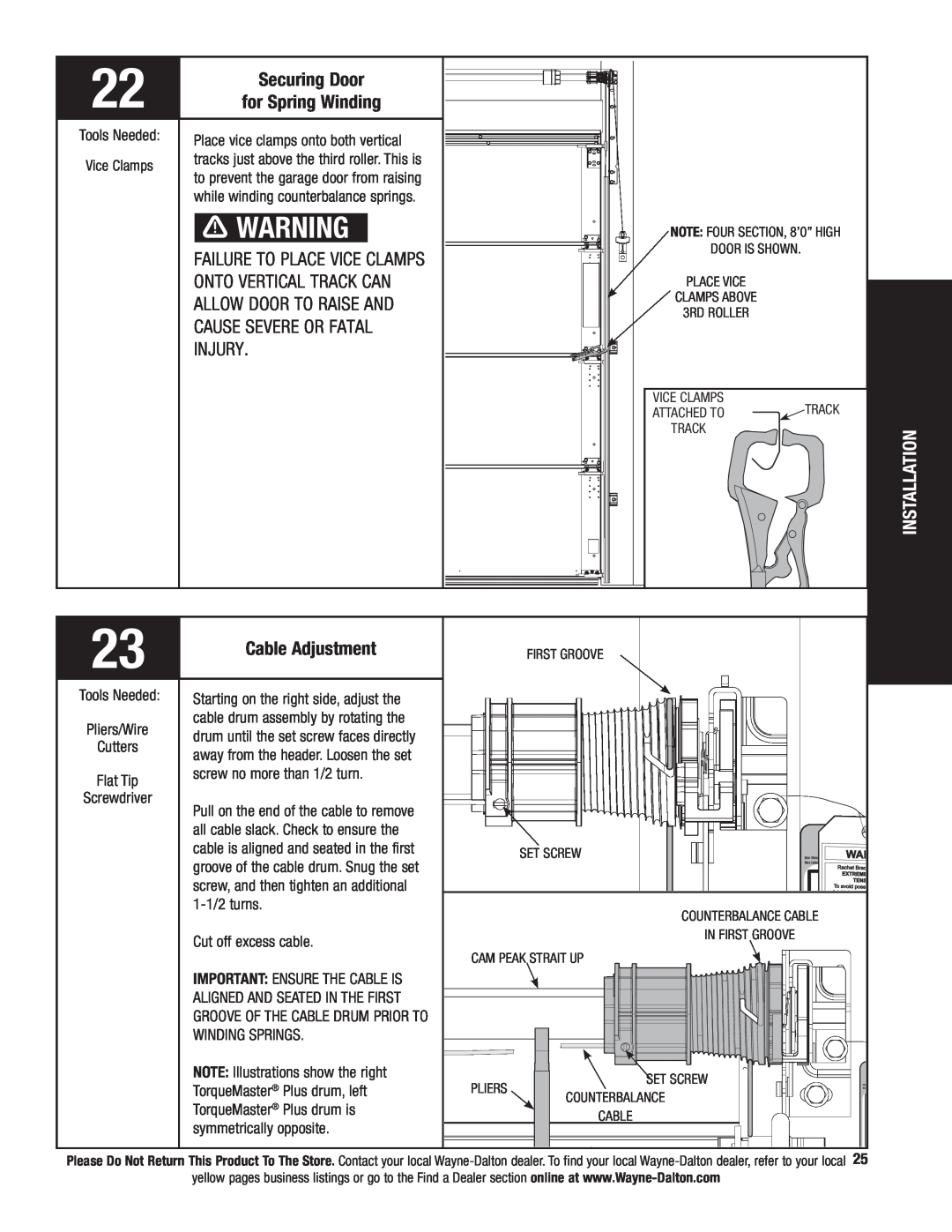 Wayne-Dalton 341458 installation instructions Securing Door for Spring Winding, Cable Adjustment, Installation 