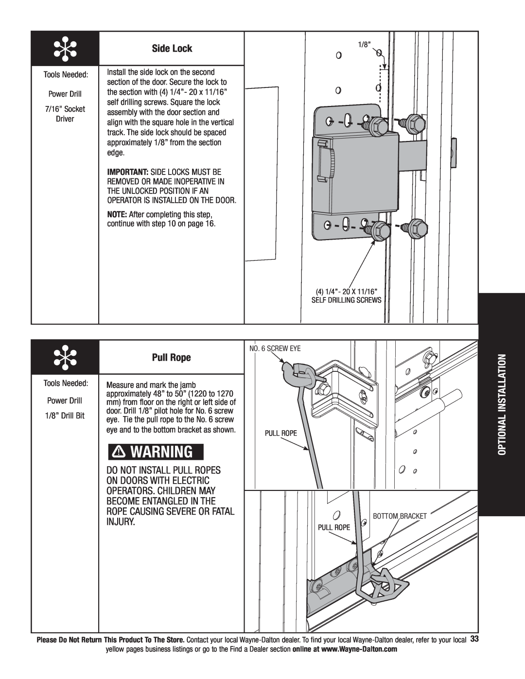 Wayne-Dalton 341458 installation instructions Side Lock, Pull Rope, Optional INSTALLATION 
