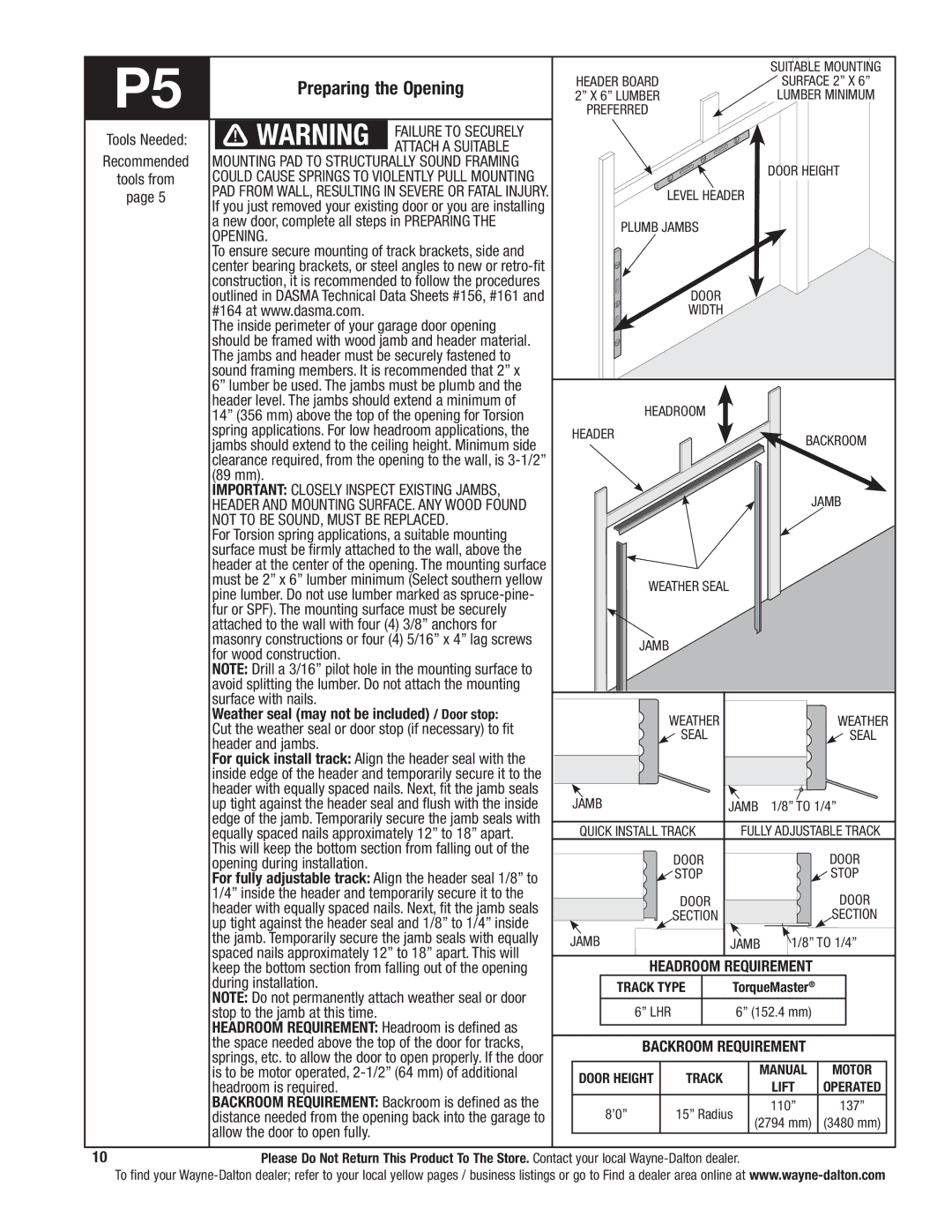 Wayne-Dalton 341785 installation instructions Preparing the Opening, Attach a Suitable, Failure to Securely 