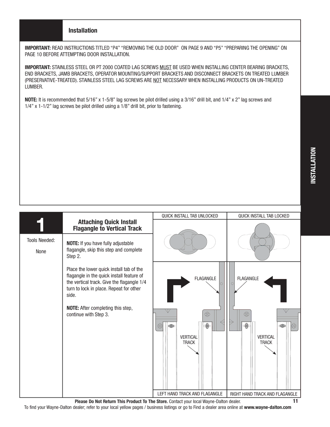 Wayne-Dalton 341785 installation instructions Installation, Attaching Quick Install, Flagangle to Vertical Track 