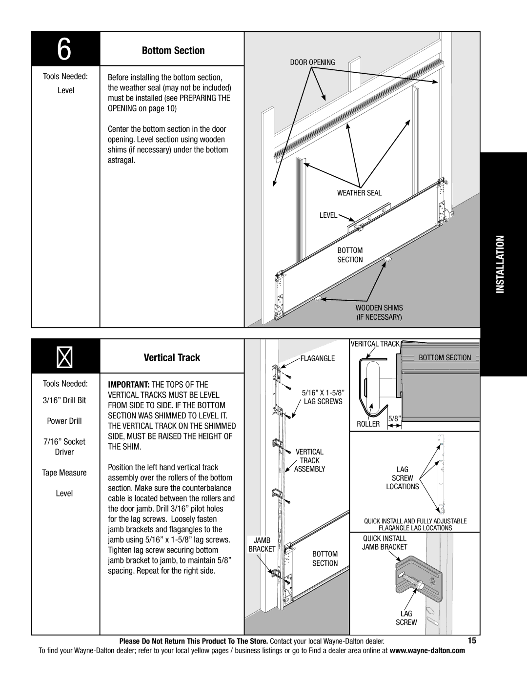 Wayne-Dalton 341785 installation instructions Bottom Section, Vertical Track 