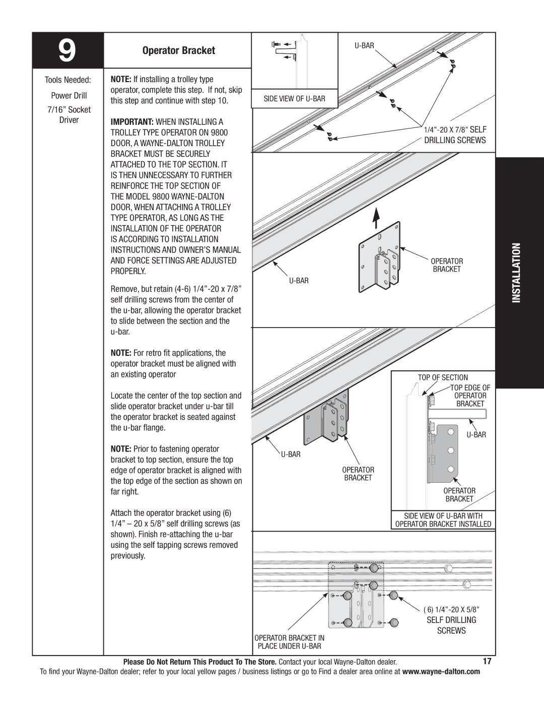 Wayne-Dalton 341785 installation instructions Operator Bracket 