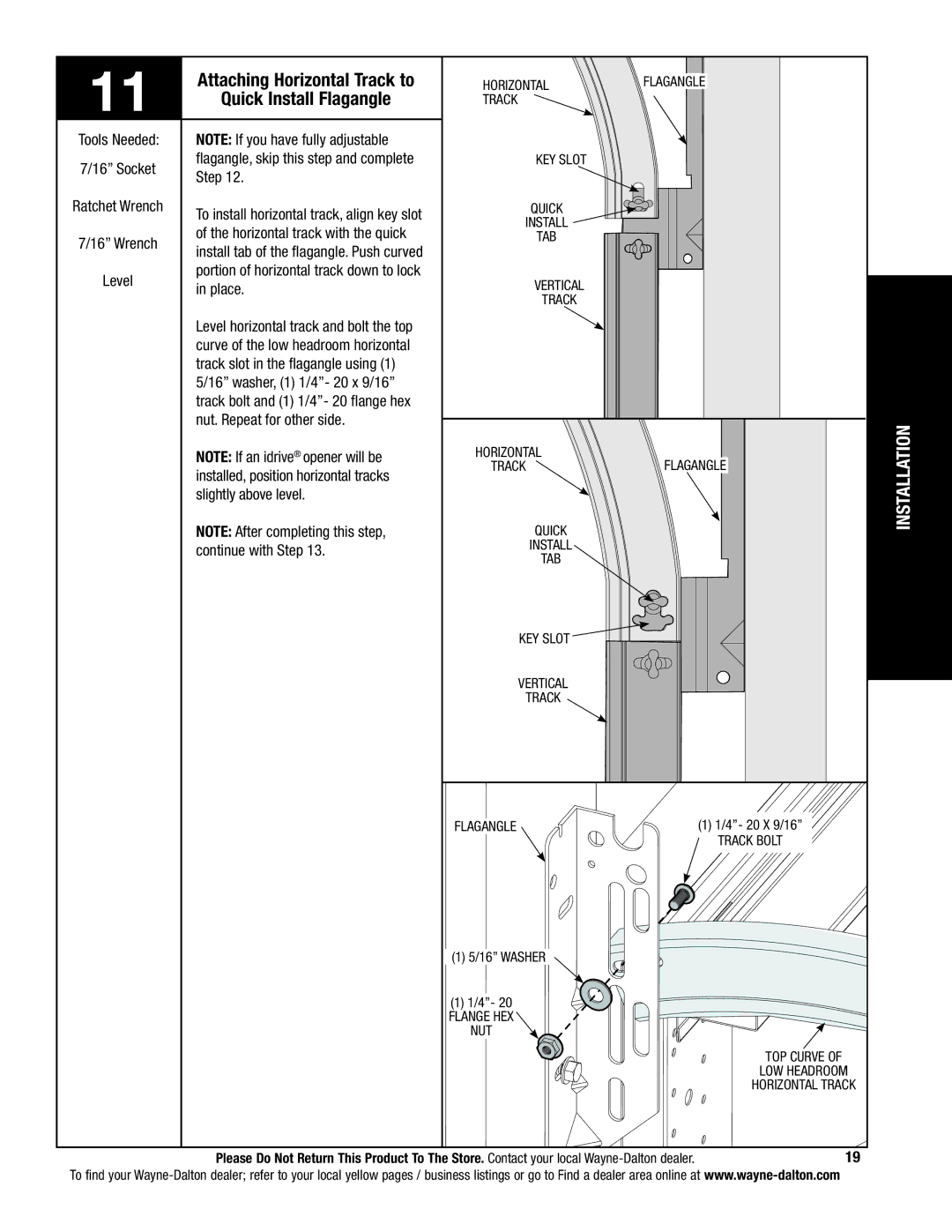 Wayne-Dalton 341785 installation instructions Attaching Horizontal Track to, Quick Install Flagangle 