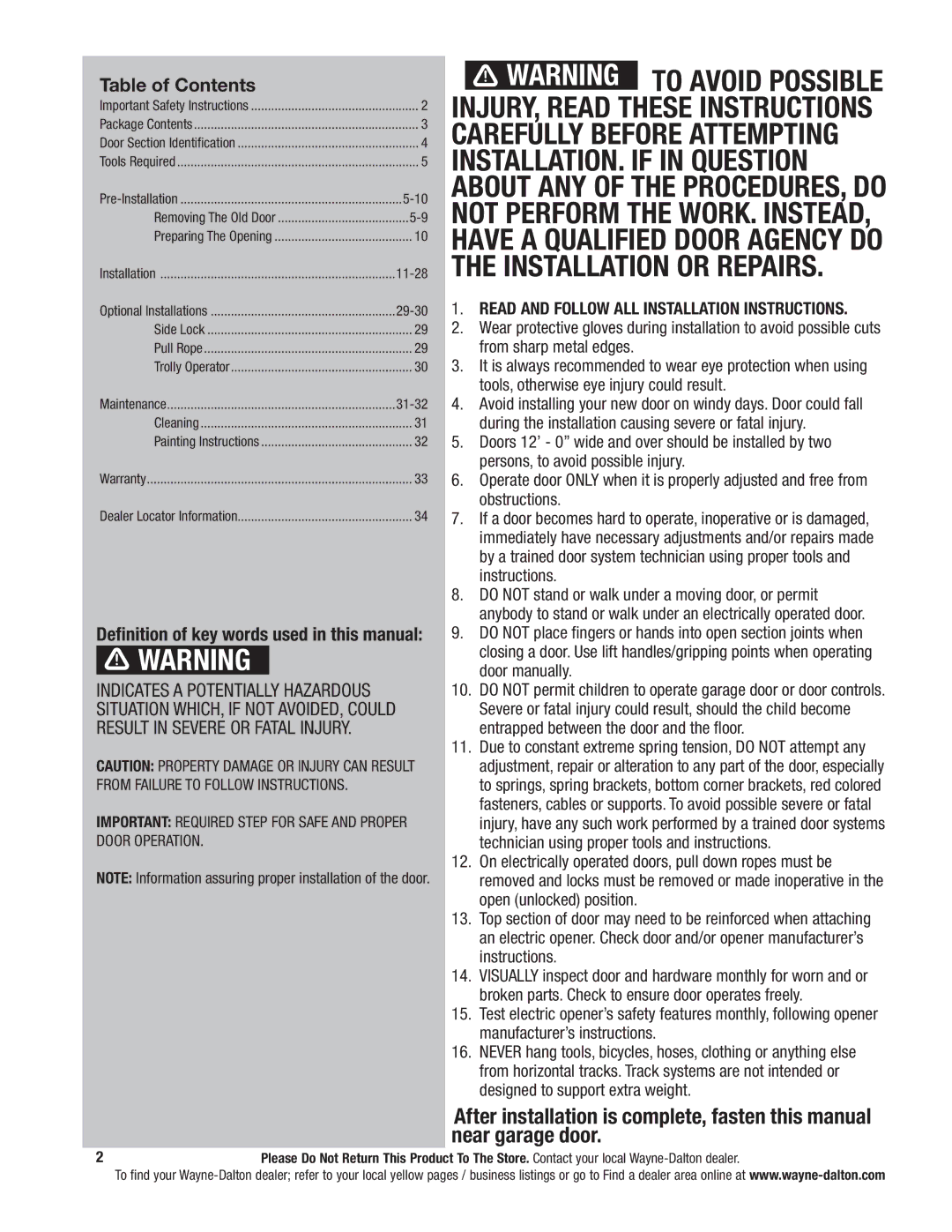 Wayne-Dalton 341785 installation instructions Table of Contents 