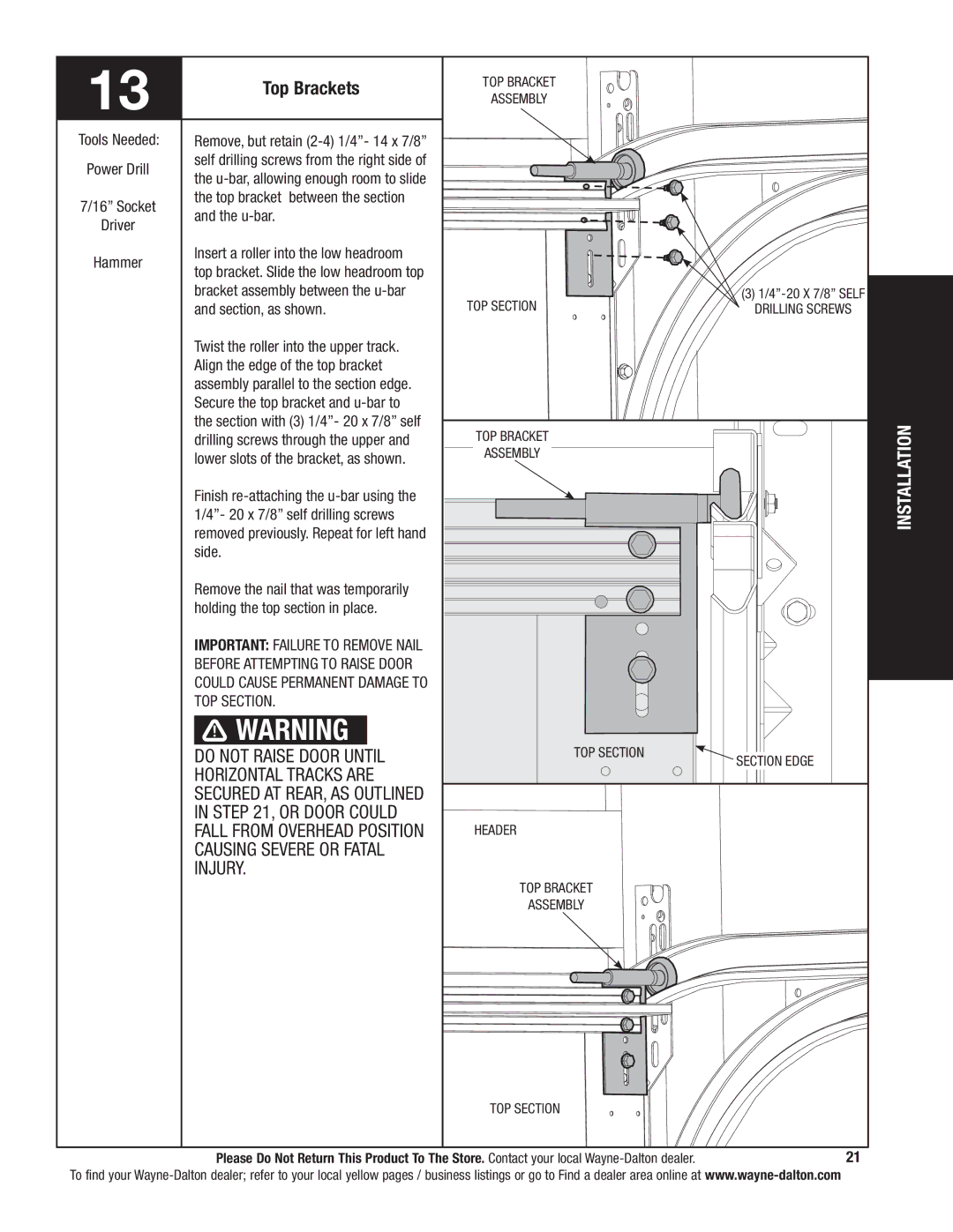 Wayne-Dalton 341785 installation instructions Top Brackets, Fall from Overhead Position 