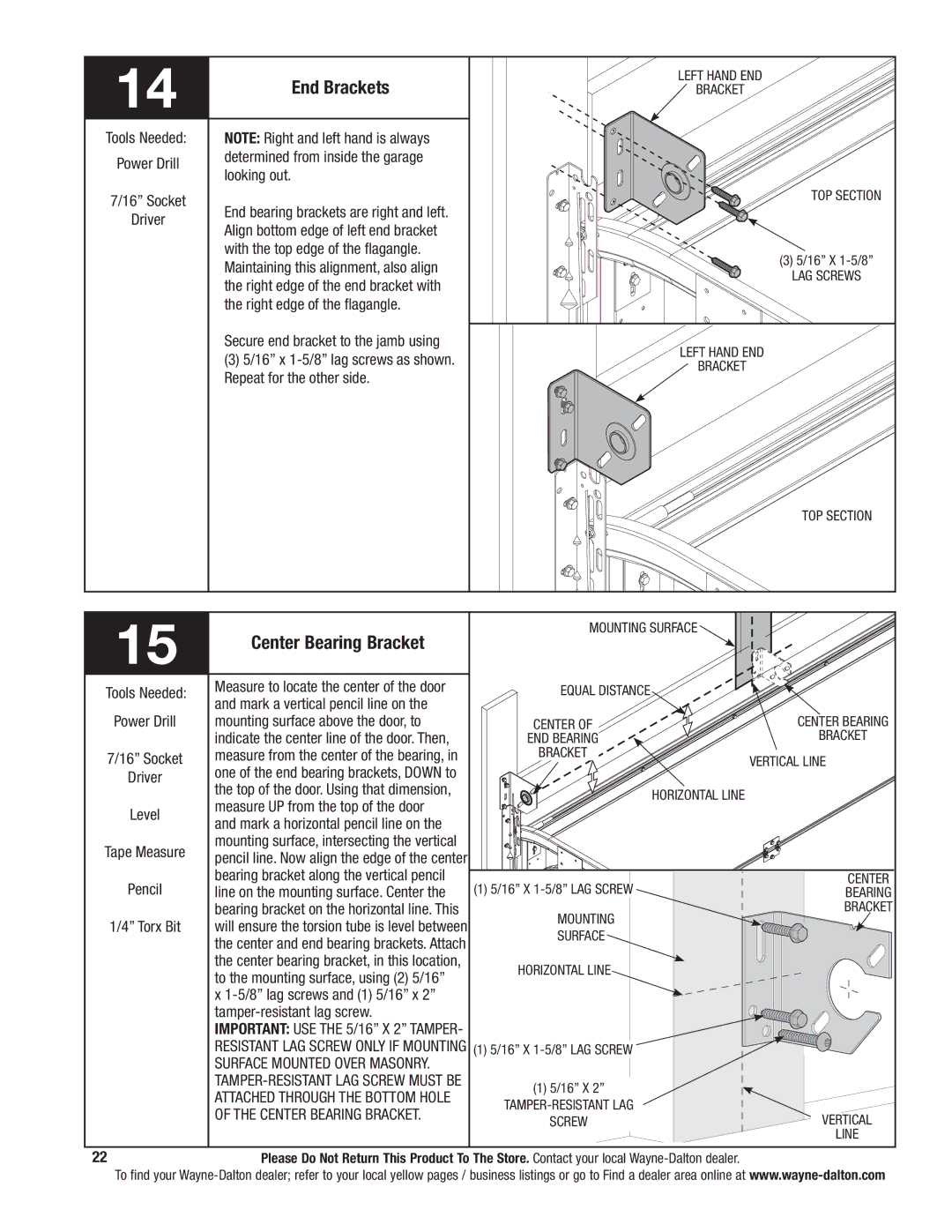 Wayne-Dalton 341785 installation instructions End Brackets, Center Bearing Bracket 