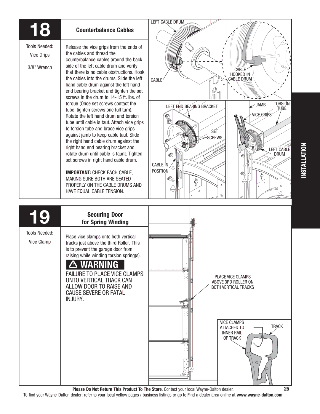 Wayne-Dalton 341785 installation instructions Counterbalance Cables, Securing Door, For Spring Winding 