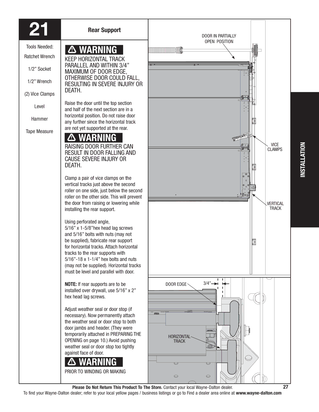 Wayne-Dalton 341785 Rear Support, Keep horizontal track, Parallel and within 3/4 Maximum of door edge, Death 