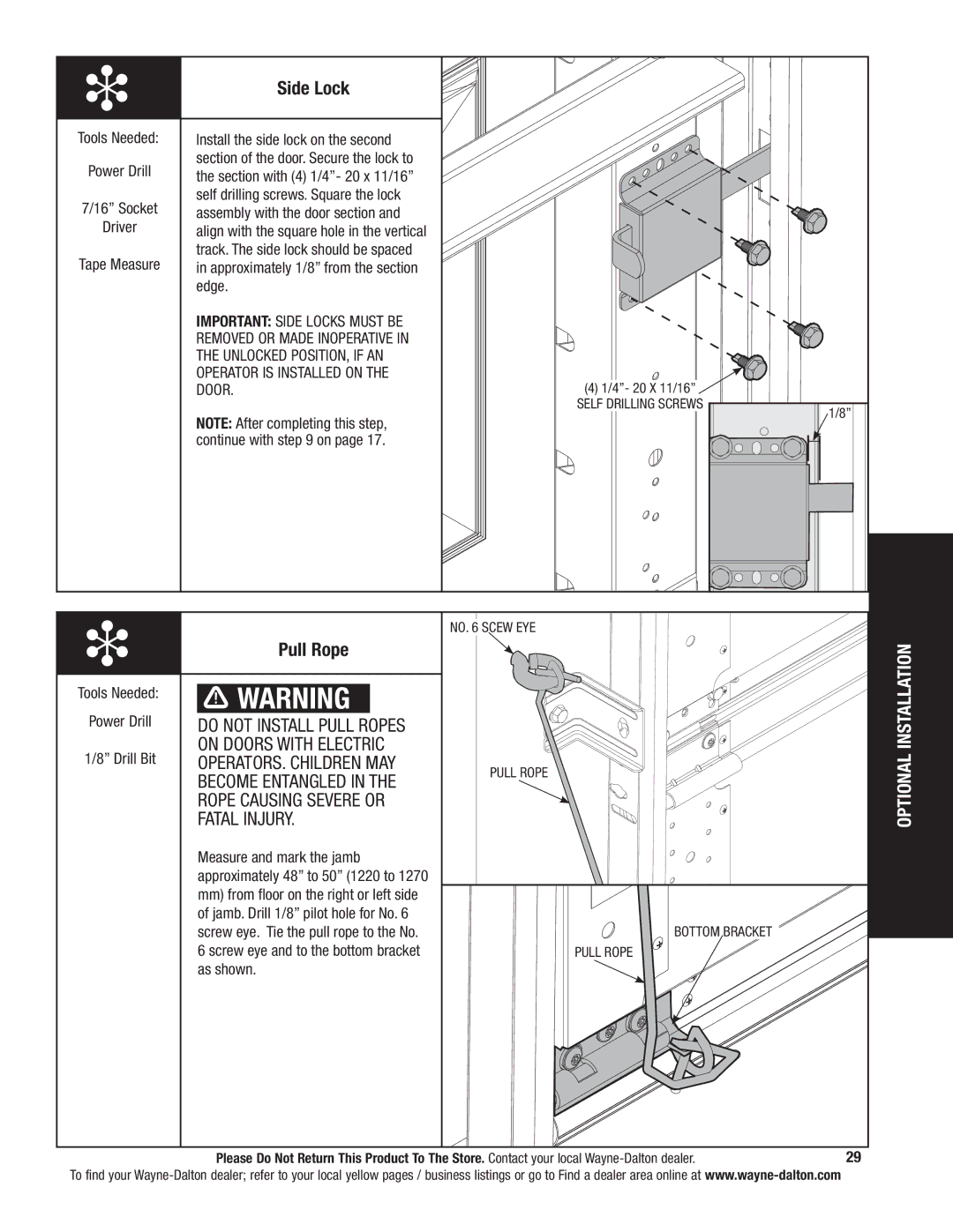 Wayne-Dalton 341785 installation instructions Side Lock, Pull Rope 