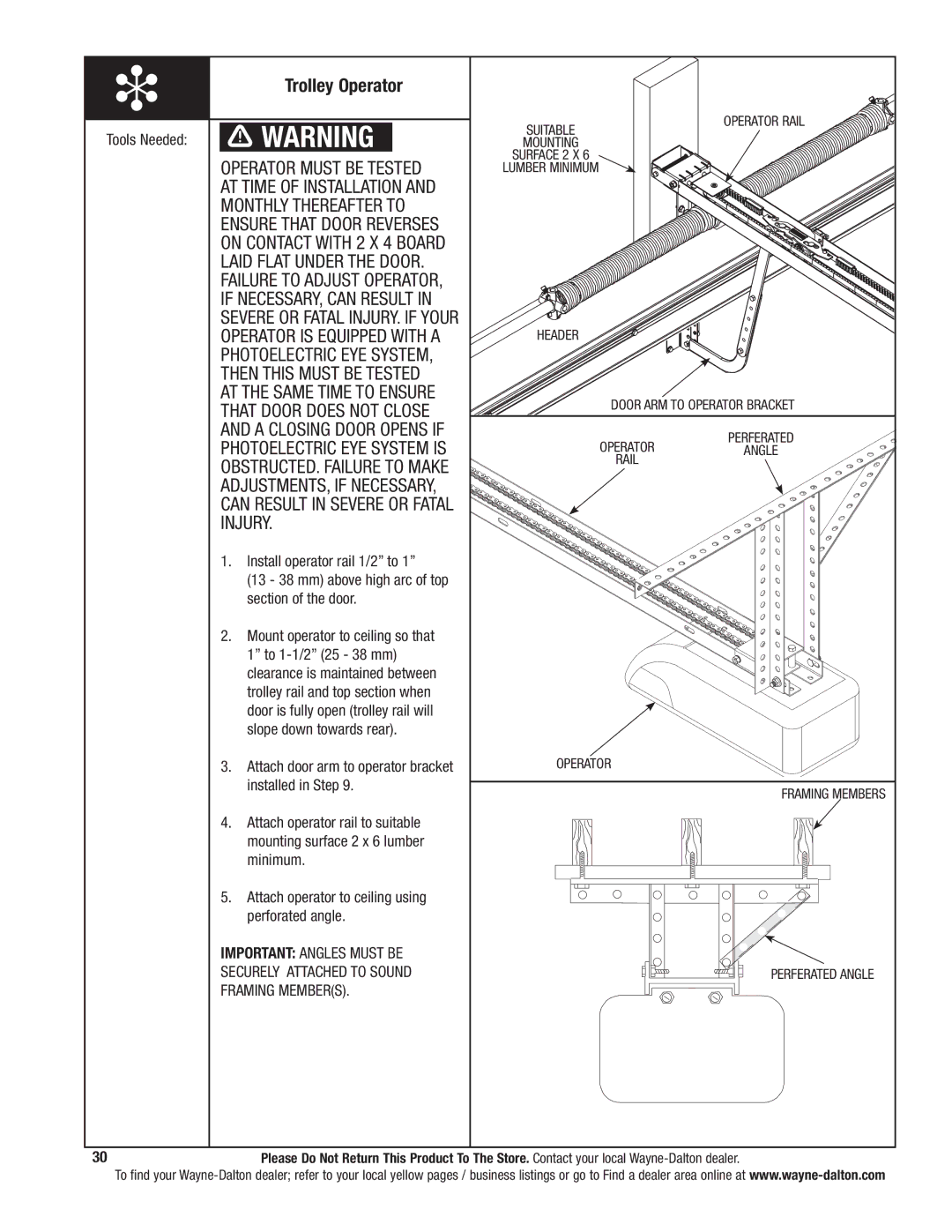 Wayne-Dalton 341785 installation instructions Trolley Operator, Header, Framing Members Perferated Angle 