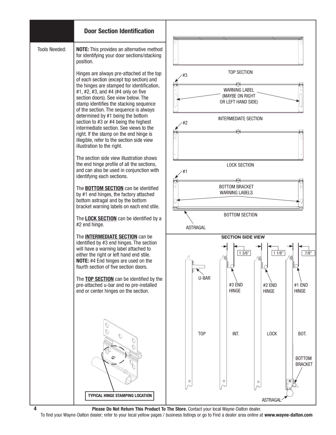 Wayne-Dalton 341785 installation instructions Door Section Identification 