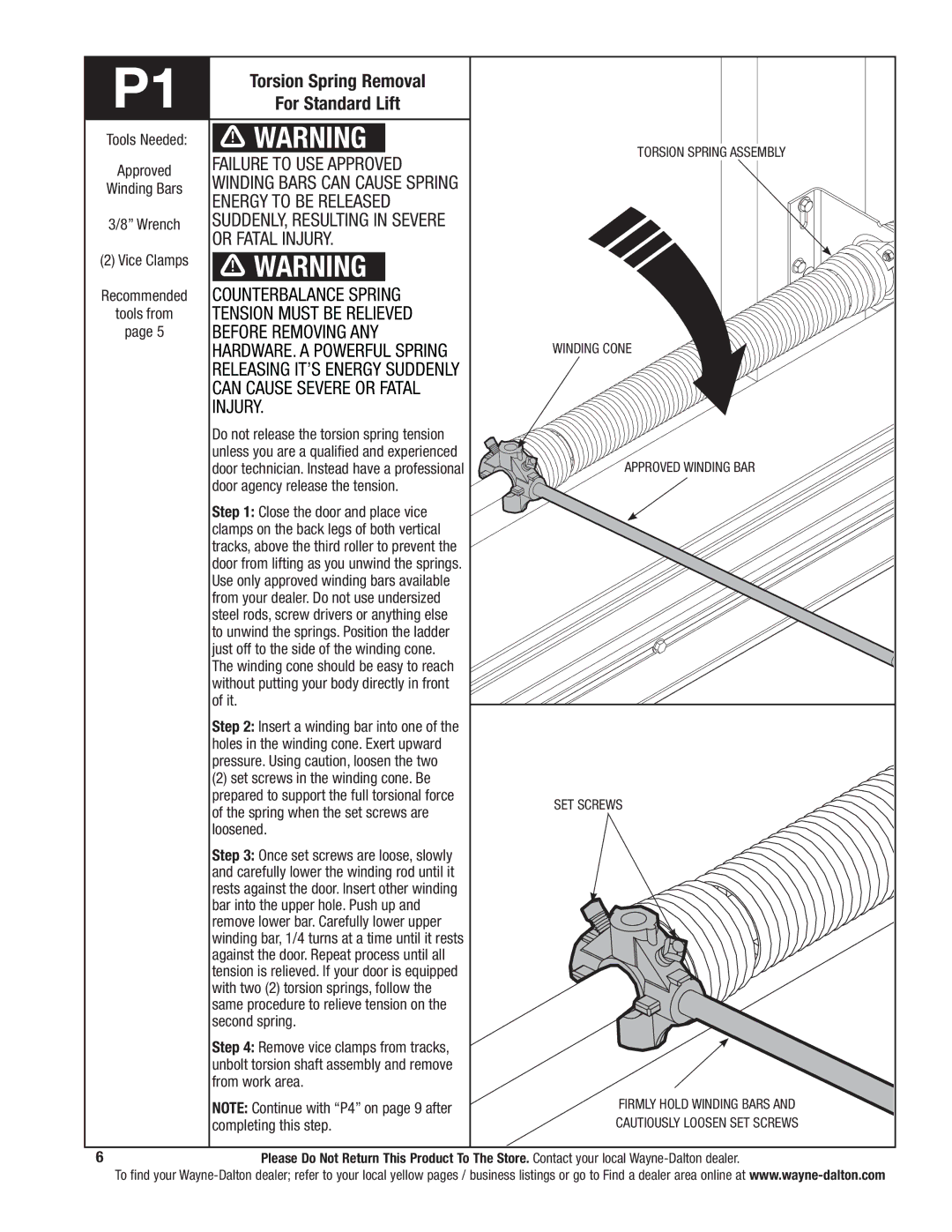 Wayne-Dalton 341785 Torsion Spring Removal, Failure to use approved Winding bars can cause spring, Energy to be released 