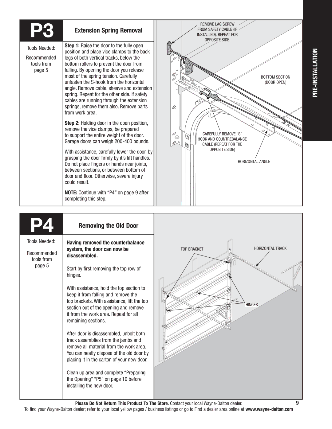 Wayne-Dalton 341785 installation instructions Extension Spring Removal, Removing the Old Door 