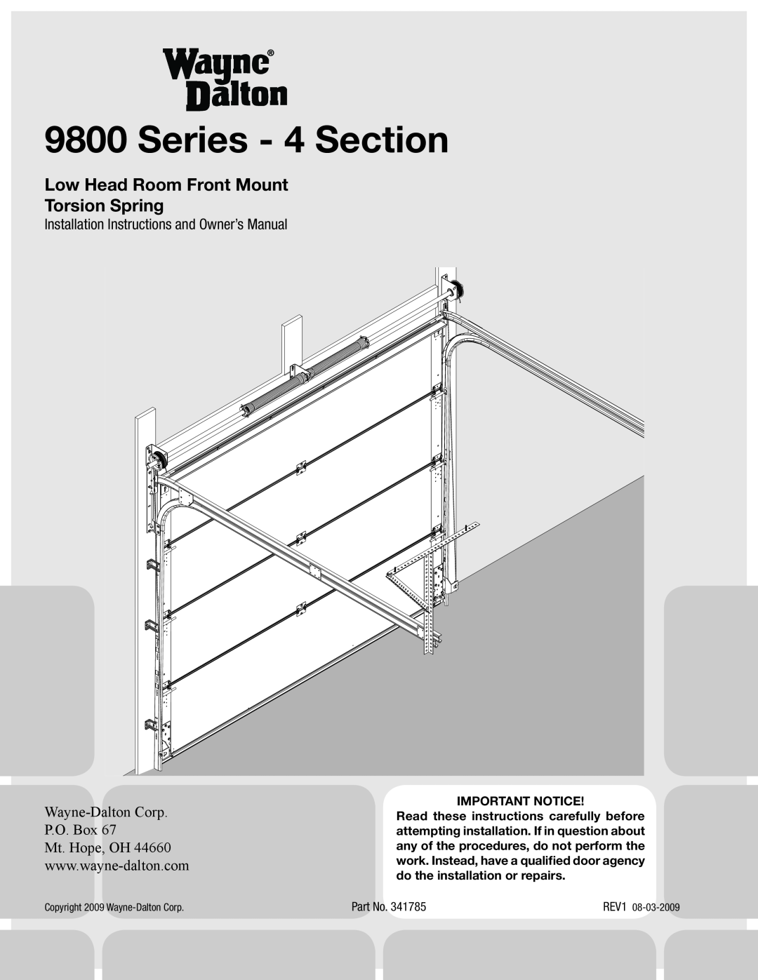 Wayne-Dalton 341785 installation instructions Series - 4 Section, Low Head Room Front Mount Torsion Spring 