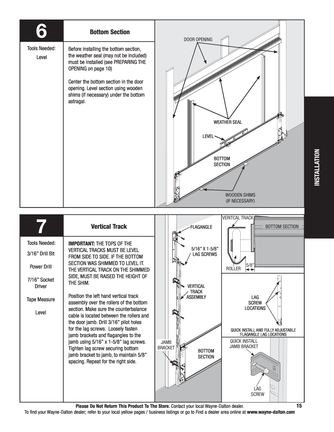 Wayne-Dalton 341785 installation instructions Bottom Section, Vertical Track, Installation 