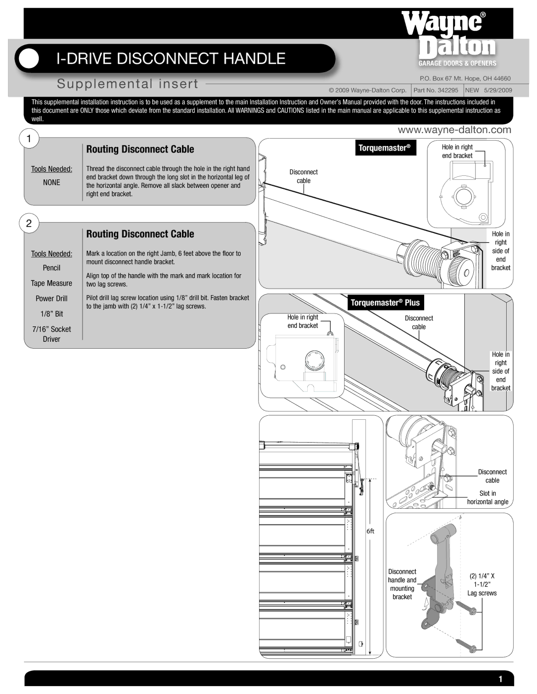 Wayne-Dalton 342295 owner manual Drive Disconnect Handle, Supplemental insert, Routing Disconnect Cable, Torquemaster 