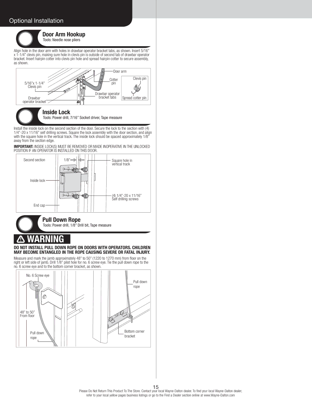 Wayne-Dalton 346918 installation instructions Door Arm Hookup, Inside Lock, Pull Down Rope 