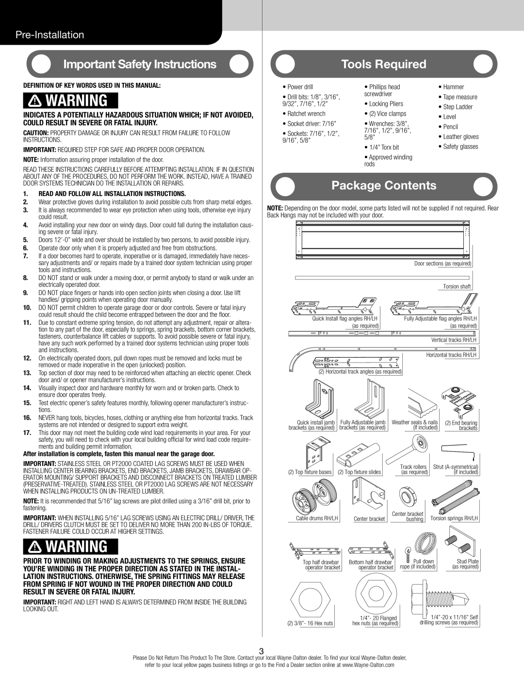 Wayne-Dalton 346918 installation instructions Important Safety Instructions Tools Required 