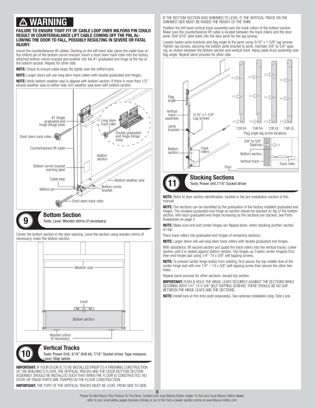 Wayne-Dalton 346918 installation instructions Bottom Section, Vertical Tracks, Stacking Sections, Level, Step ladder 