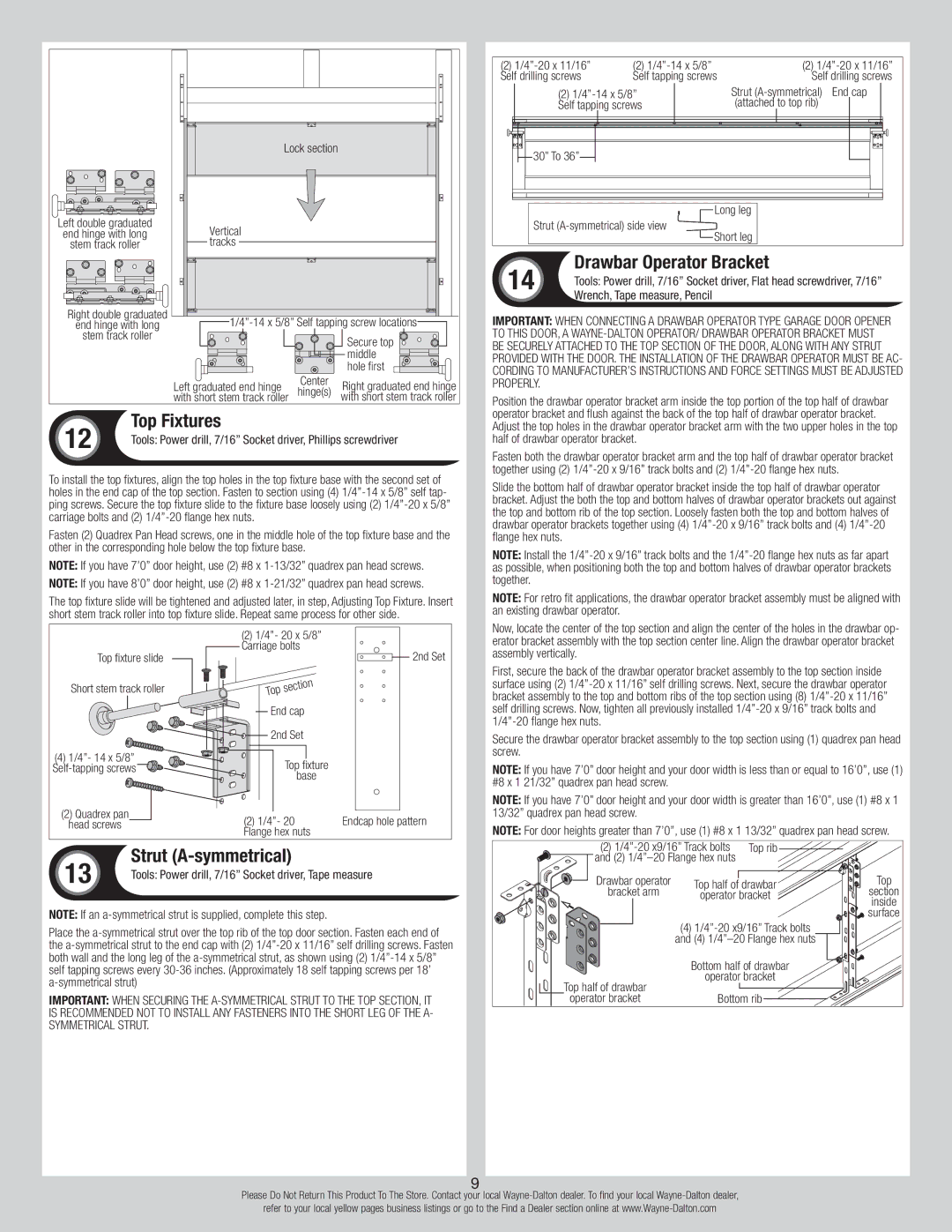 Wayne-Dalton 346918 installation instructions Top Fixtures, Strut A-symmetrical, Drawbar Operator Bracket 