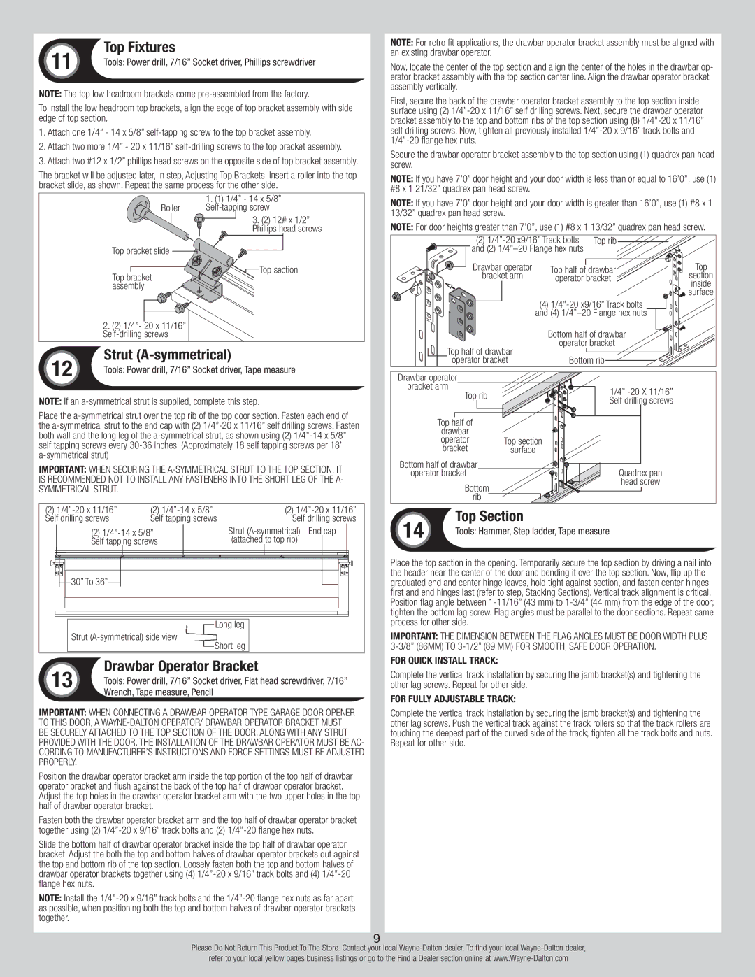 Wayne-Dalton 346919 installation instructions Top Fixtures, Strut A-symmetrical, Top Section, Drawbar Operator Bracket 