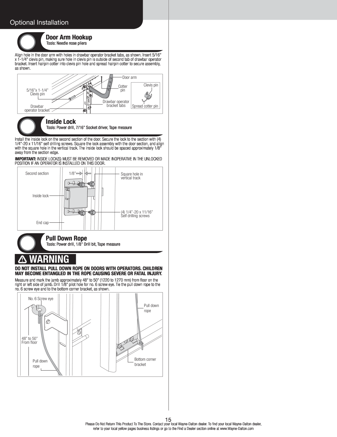 Wayne-Dalton 346919 installation instructions Optional Installation, Door Arm Hookup, Inside Lock, Pull Down Rope 
