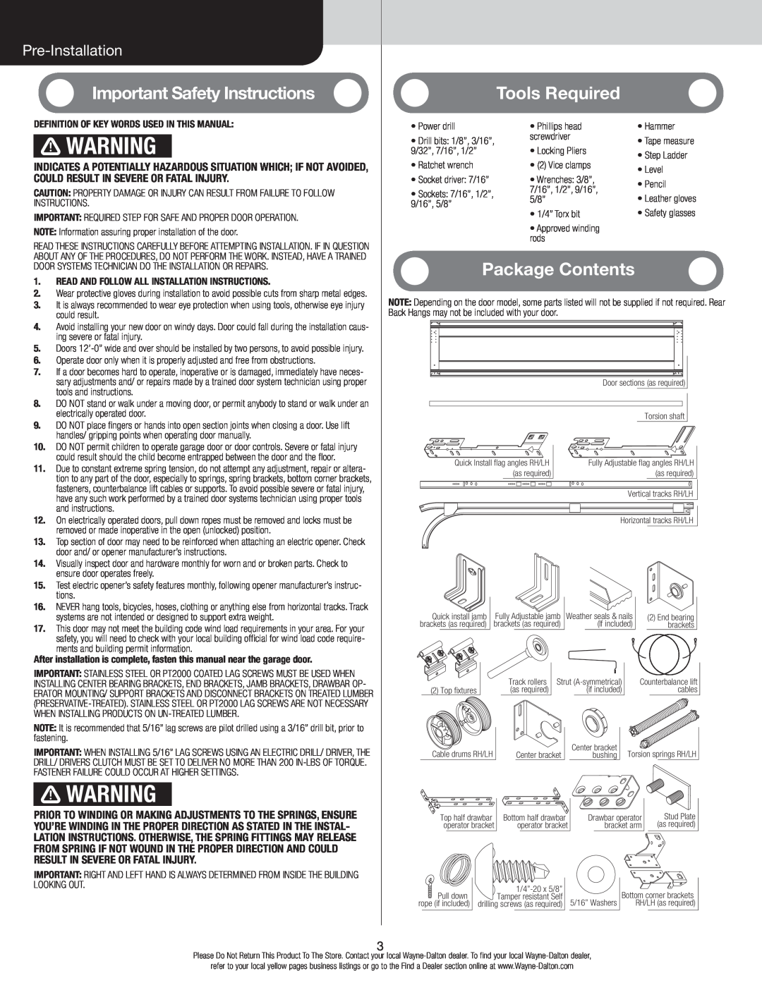 Wayne-Dalton 346919 Important Safety Instructions, Tools Required, Package Contents, Pre-Installation 
