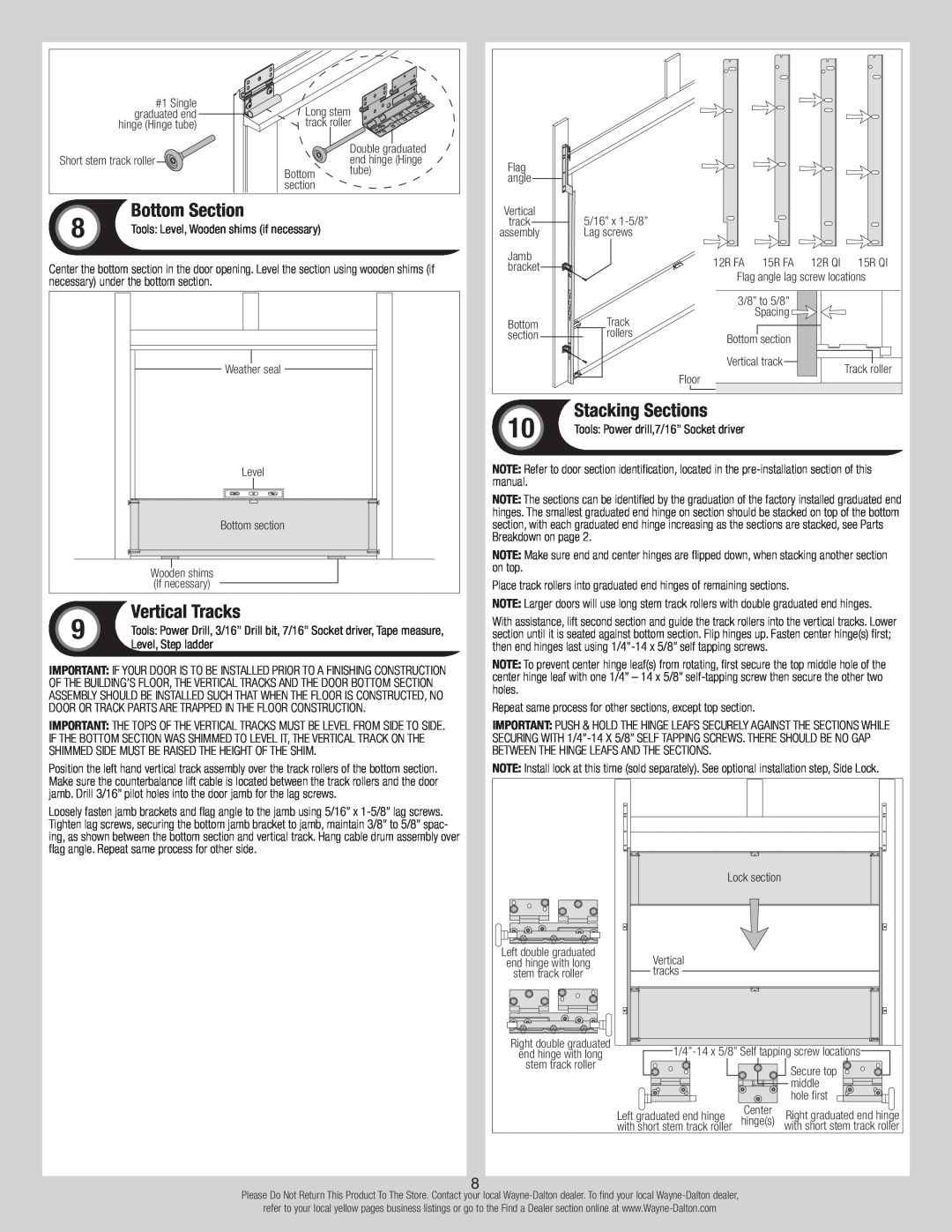 Wayne-Dalton 346919 installation instructions Bottom Section, Vertical Tracks, Stacking Sections 