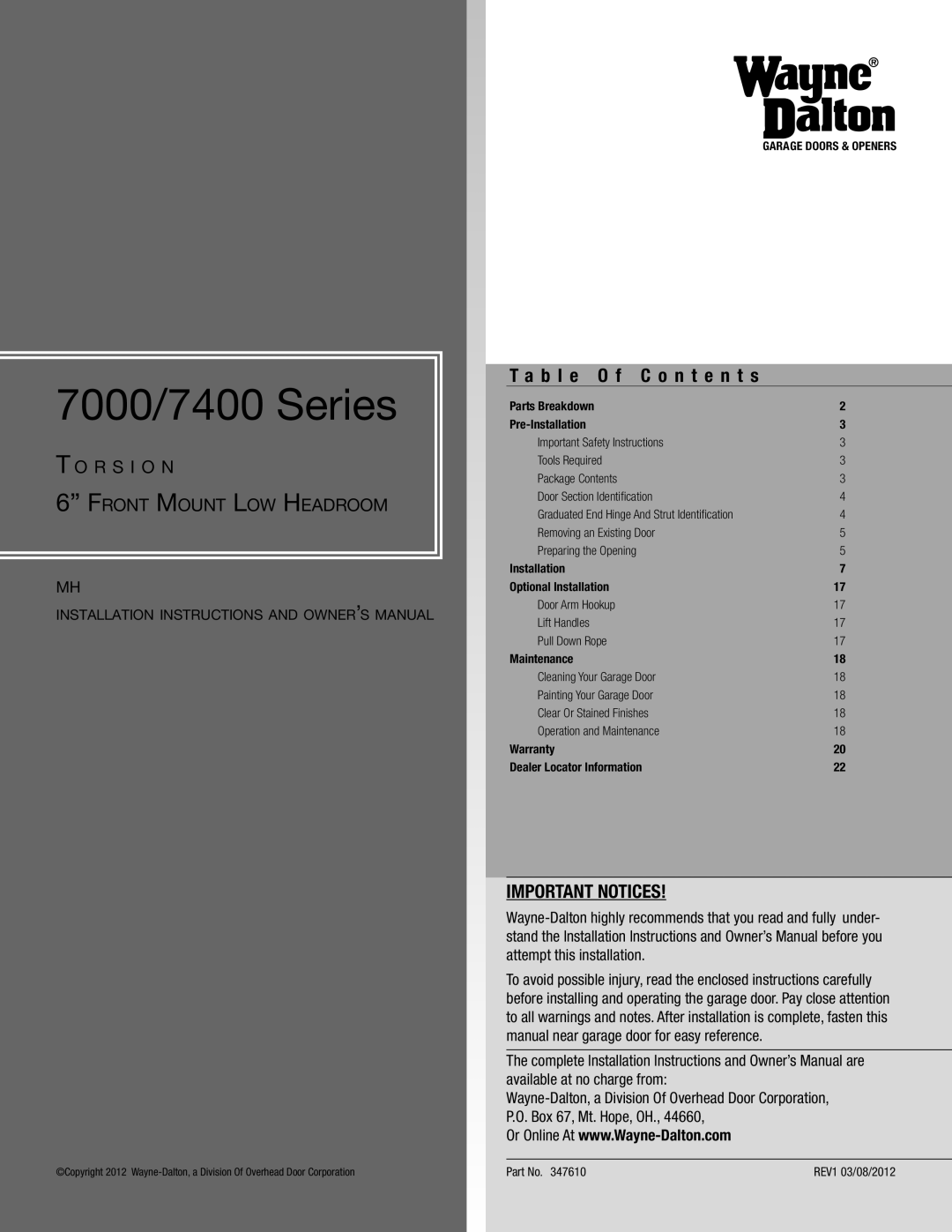 Wayne-Dalton 347610 installation instructions 7000/7400 Series, B l e O f C o n t e n t s 