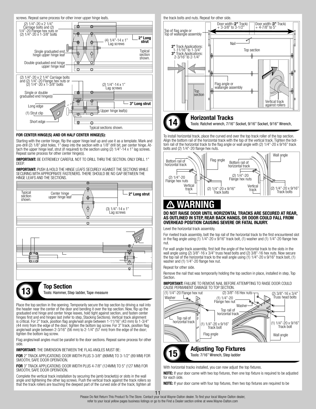 Wayne-Dalton 347610 Horizontal Tracks, Top Section, Adjusting Top Fixtures, For Center Hinges and or half center hinges 