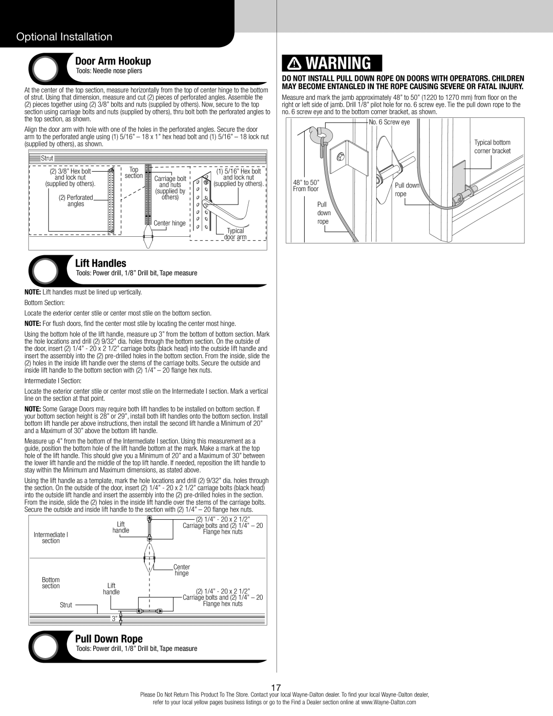 Wayne-Dalton 347610 installation instructions Door Arm Hookup, Lift Handles, Pull Down Rope, Tools Needle nose pliers 