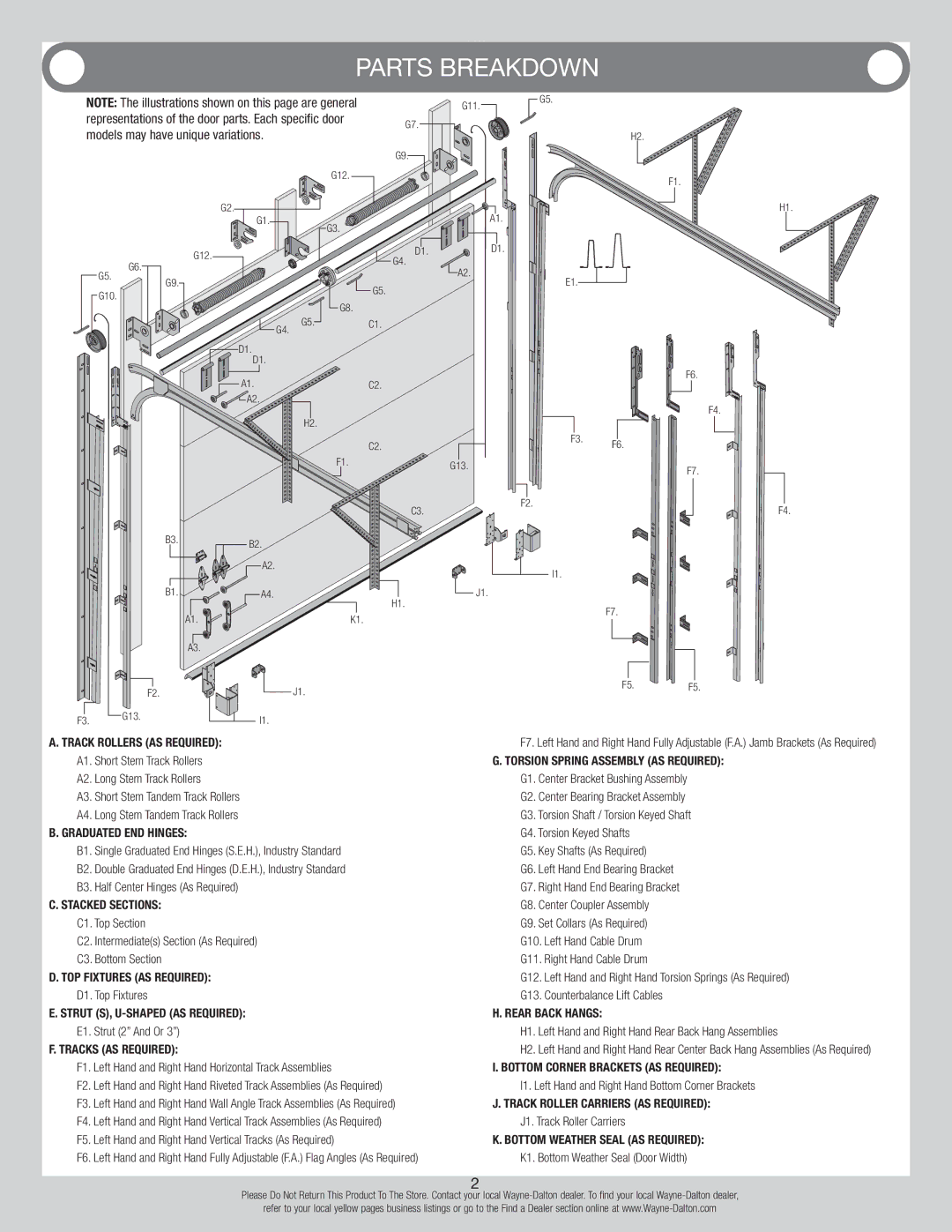 Wayne-Dalton 347610 installation instructions Graduated End Hinges, Stacked Sections C1. Top Section 