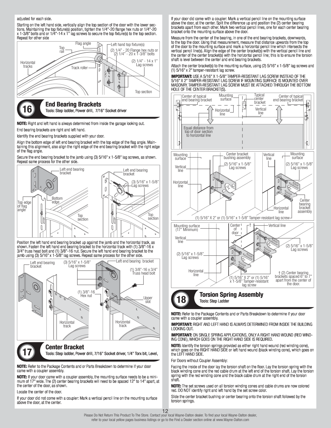 Wayne-Dalton 347610 installation instructions End Bearing Brackets, Center Bracket, Torsion Spring Assembly 