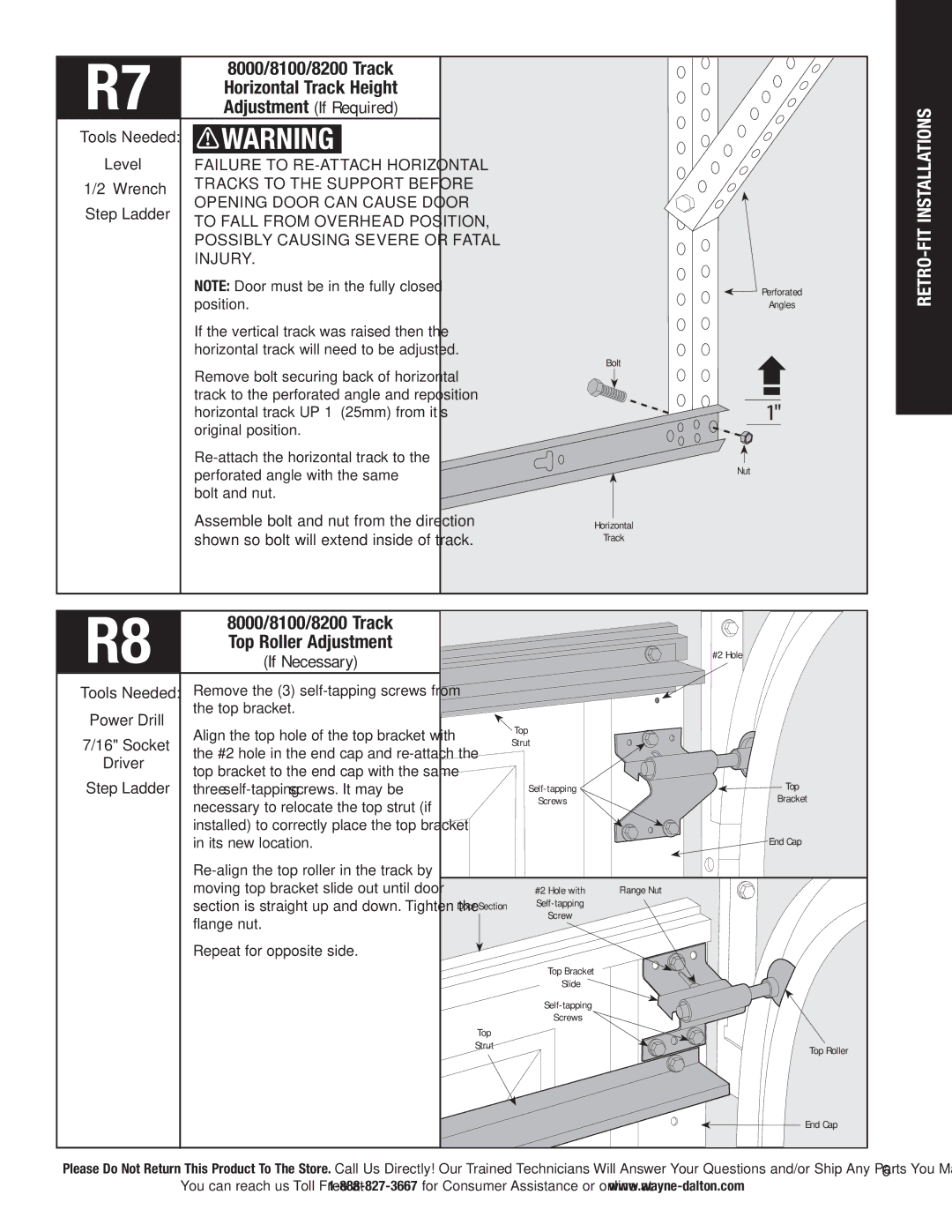 Wayne-Dalton 3663-372 RETRO-FIT Installations, Top Roller Adjustment, Failure to RE-ATTACH Horizontal 