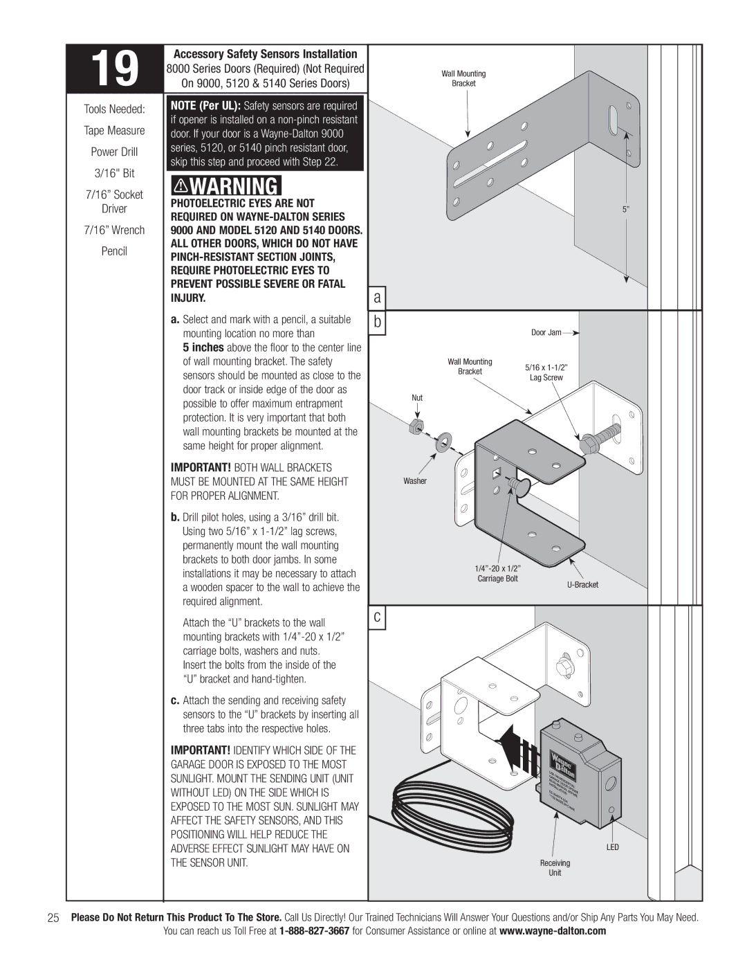 Wayne-Dalton 3663-372 installation instructions Photoelectric Eyes are not, For Proper Alignment, Sensor Unit 