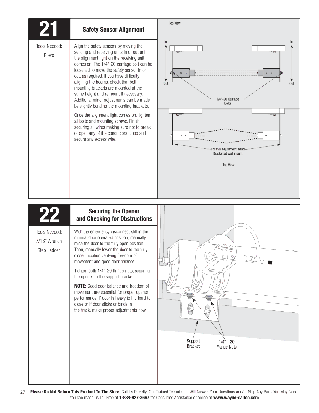 Wayne-Dalton 3663-372 installation instructions Securing the Opener, Safety Sensor Alignment, Checking for Obstructions 