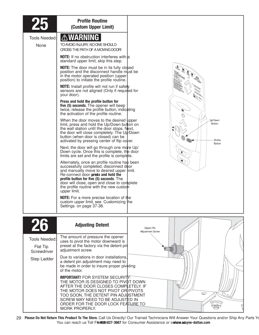 Wayne-Dalton 3663-372 installation instructions Profile Routine, Adjusting Detent, Custom Upper Limit, Work Properly 